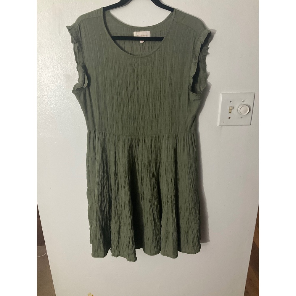 Dear John Olive Green Crinkle Gauze Tiered Ruffle Cap Sleeve Mini Dress Medium